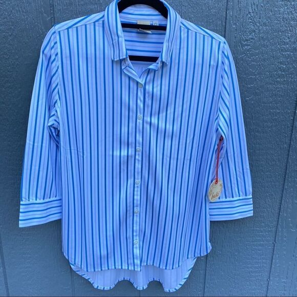 Buki Button Down Striped 3/4 Sleeve Blouse M NWT - Picture 1 of 15
